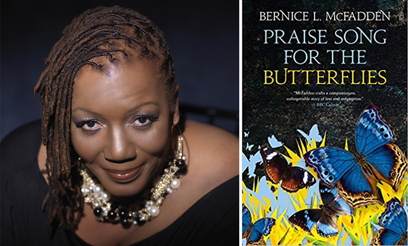 Picture of Bernice L. McFadden with her novel Praise Song for the Butterflies