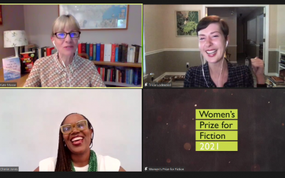 Photo of Zoom with Kate Mosse (Top left), Patricia Lockwood (Top right) and Cherie Jones (Bottom left) at the Women's Prize Virtual Shortlist Festival